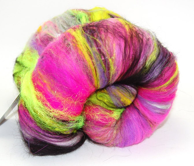 Textured Wool Fiber Batt - Dance Party - 3.8 oz Pink Yellow Black