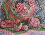 Baby girl layette, newborn gift set, 0 - 3 photo prop crochet blanket, flower hat, pink booties, princess crown
