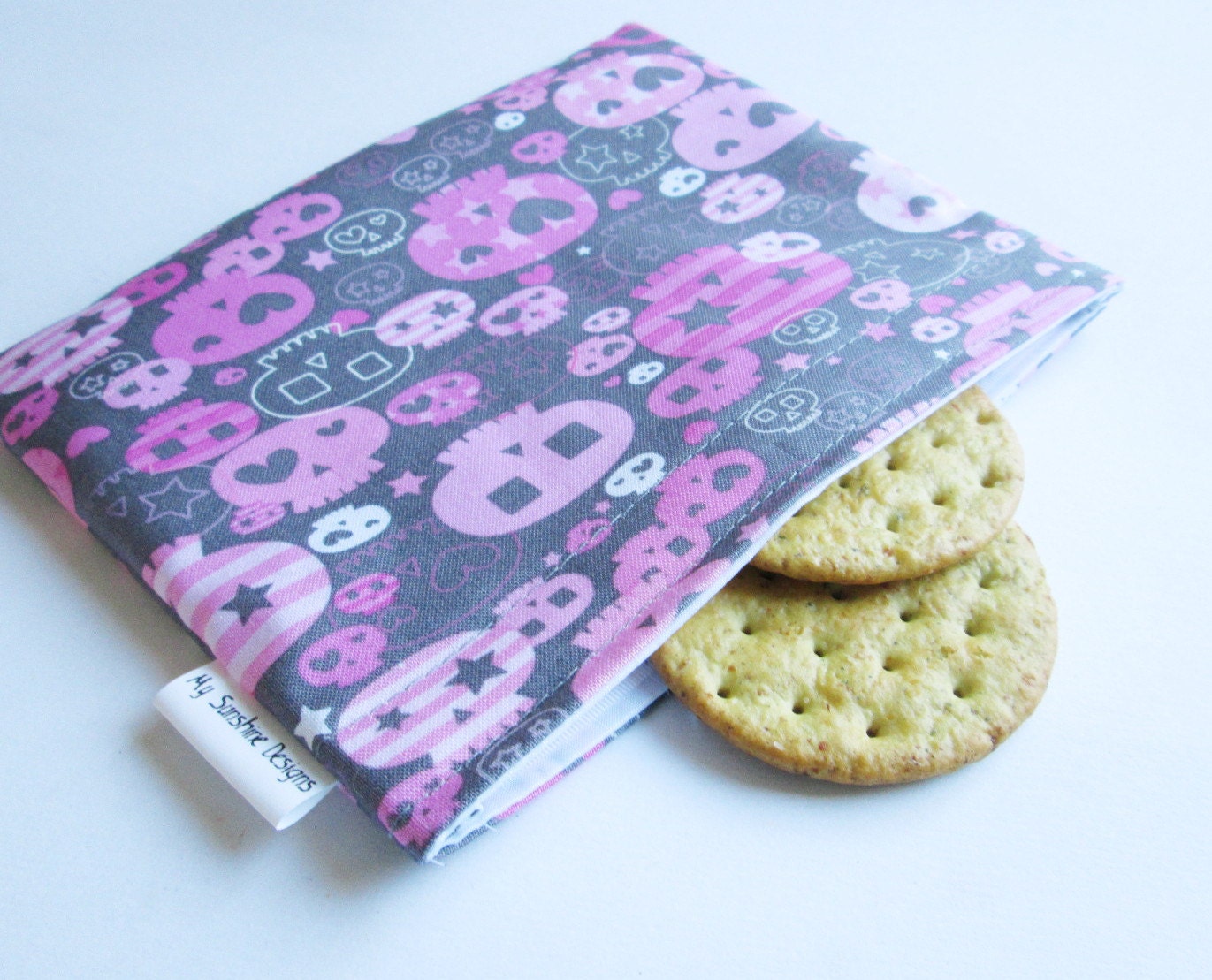 Medium Reusable Bag - Pink and Grey Skulls