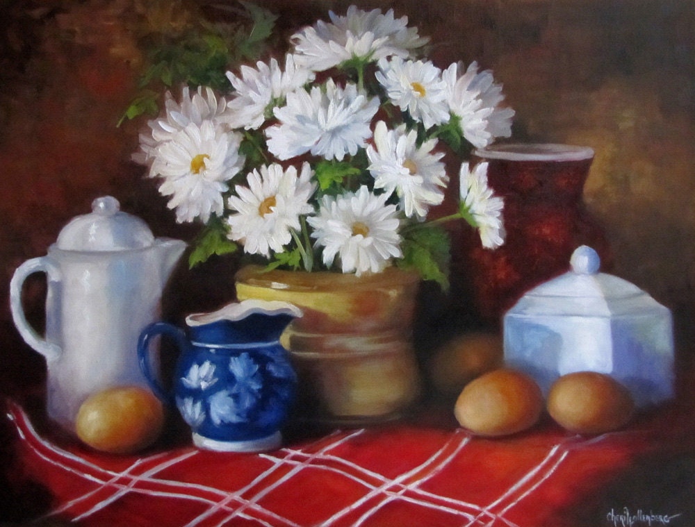 18x24 Canvas Farmhouse Kitchen Wall Art  Daisy Bouquet With Fresh Eggs  Original Oil Painting