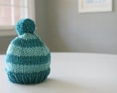 Child's Striped Hat with Pom Pom. Hand Knit with Soft Merino Wool, in Pacific and Aqua.