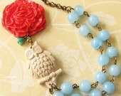 Owl Necklace Statement Jewelry Flower Necklace Owl Jewelry Bib Coral Necklace Double Strand