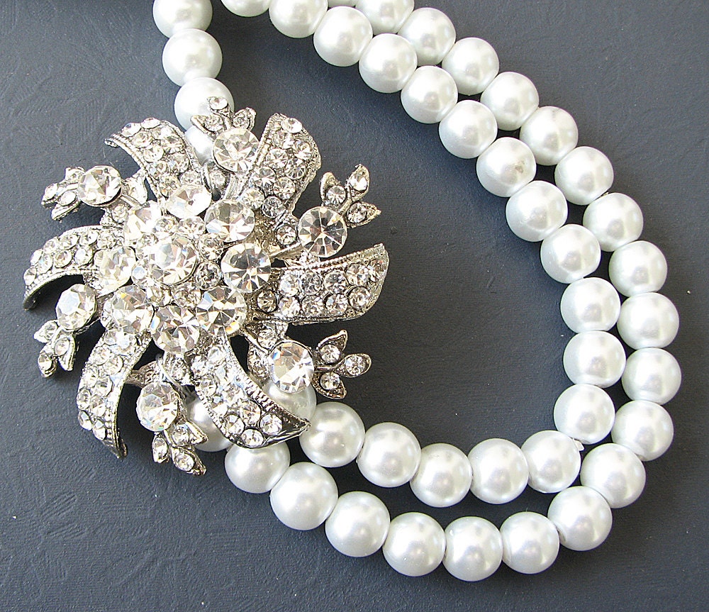 Bridal Jewelry Bridal Necklace Wedding Jewelry Pearl Statement Necklace Double Strand Rhinestone Necklace