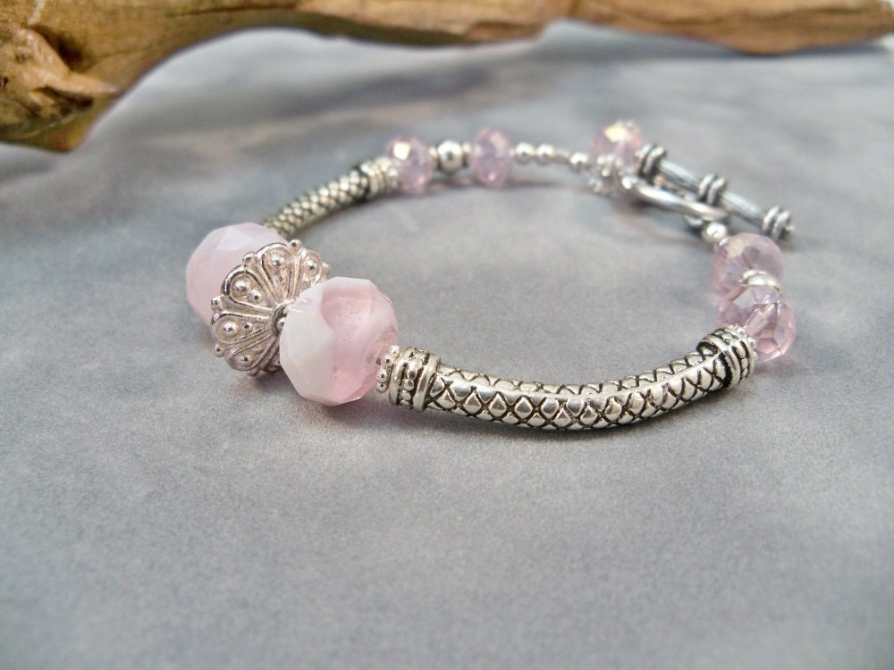 Pink and Silver Curved Tube Bracelet, Pink Crystal Bracelet, Silver bracelet, Handmade Jewelry