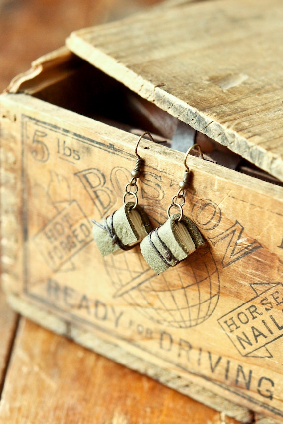 Green Mini Leather Journal Earrings - Handmade Mini Book Jewelry