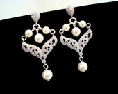 Bridal chandelier earrings, small chandelier earrings, wedding earrings, pearl earrings, cubic zirconia earrings