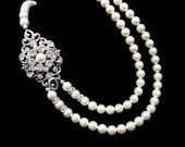 Bridal pearl necklace, wedding necklace, vintage style necklace, antique silver necklace, Swarovski crystal and pearl necklace
