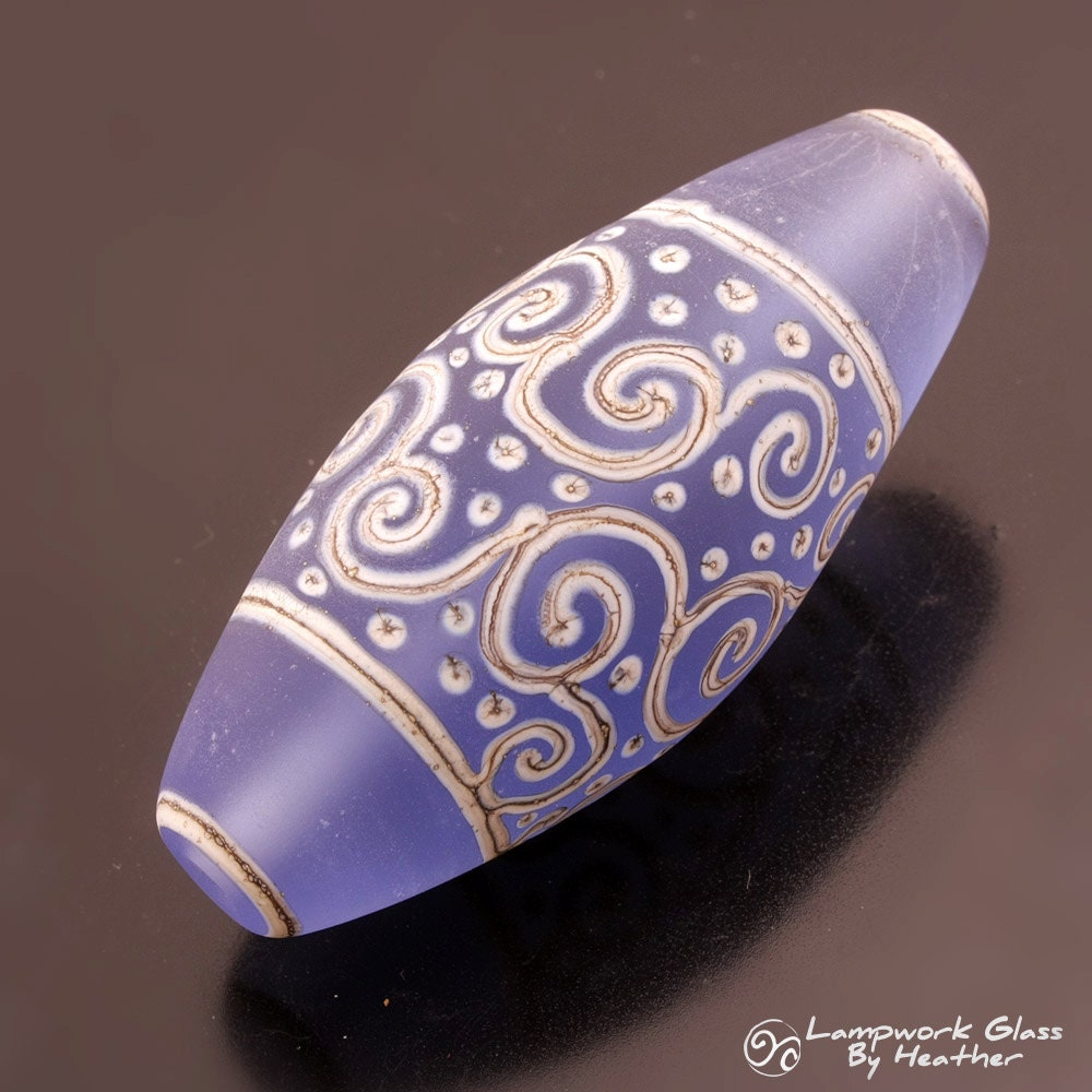 Lampwork Art Bead Silvered Ivory Scrolls Lines Dot Blue Etched Sea Glass Bicone Focal Bead Handmade Glass Heather Behrendt  BHV SRA LETeam