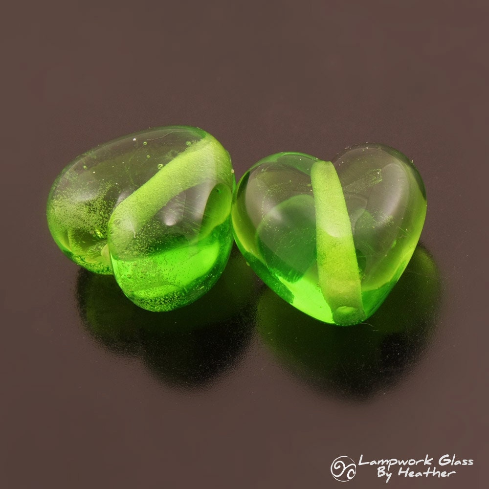 Handmade Lampwork Heart Beads Transparent Grass Green Earring Pair Heather Behrendt BHV SRA LETeam