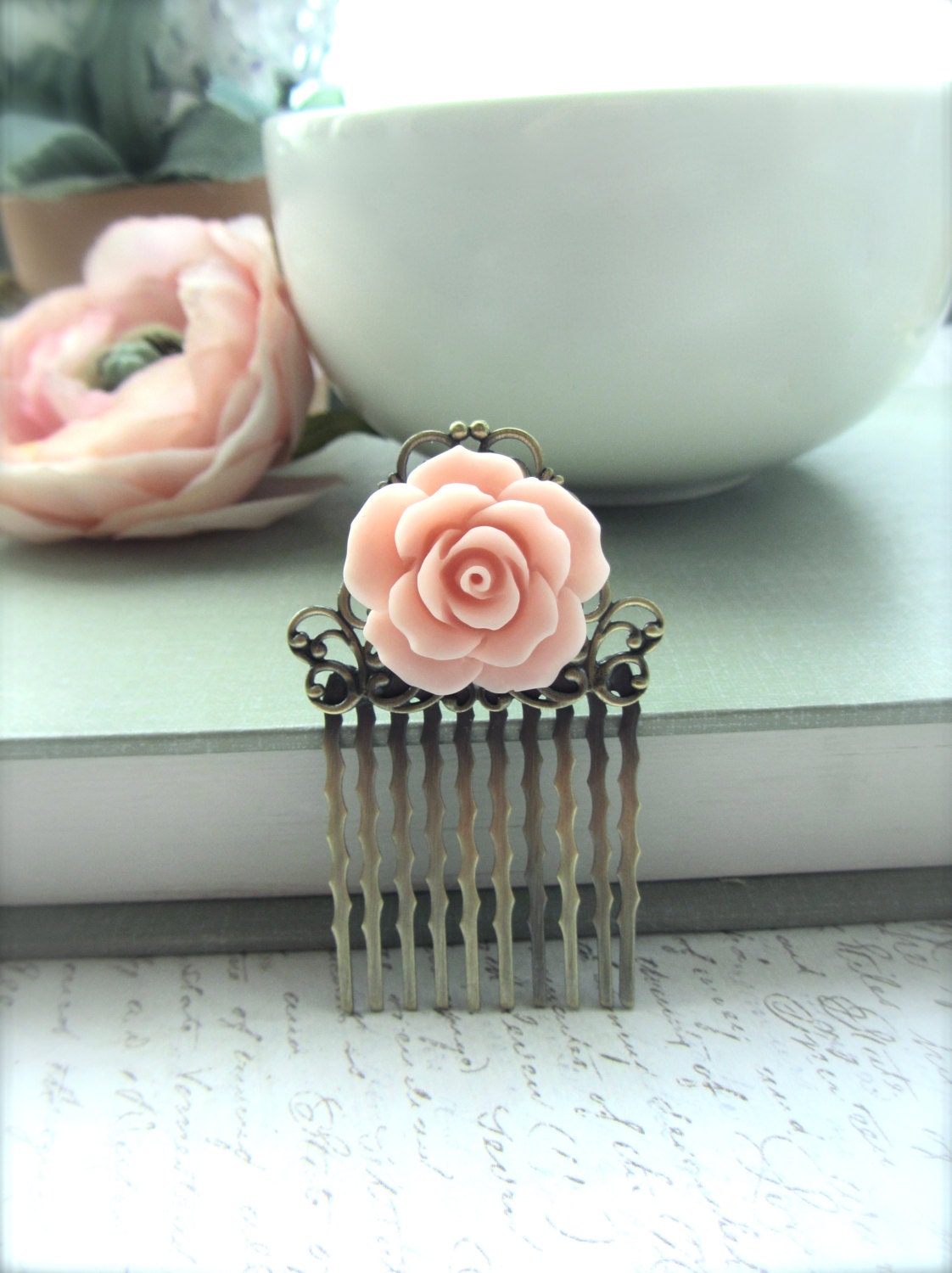 A Soft Pink Rose Flower Art Nouveau Antiqued Bronze Filigree Hair Comb. Bridesmaids Gifts. Pink Wedding. Blush Pink. Nude Pink. Spring.