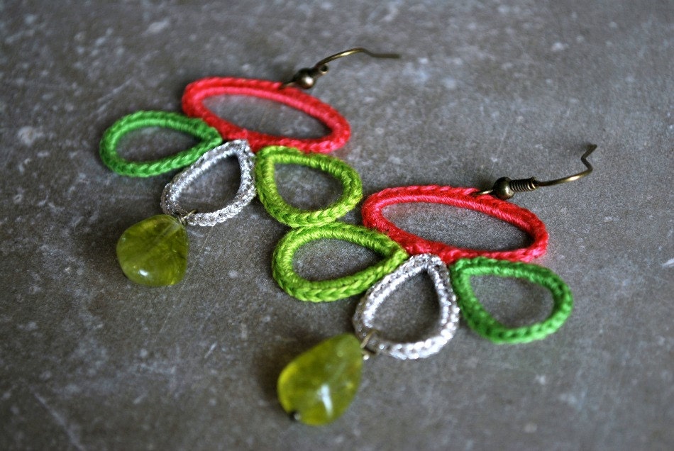 Neon Crochet Earrings with Olive Green Quartz. Summer Jewelry