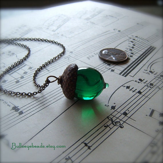 Glass Acorn Necklace by Bullseyebeads - May Birthstone Emerald Green