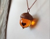 Glass Acorn Necklace - Topaz with Encased Copper Heart by Bullseyebeads