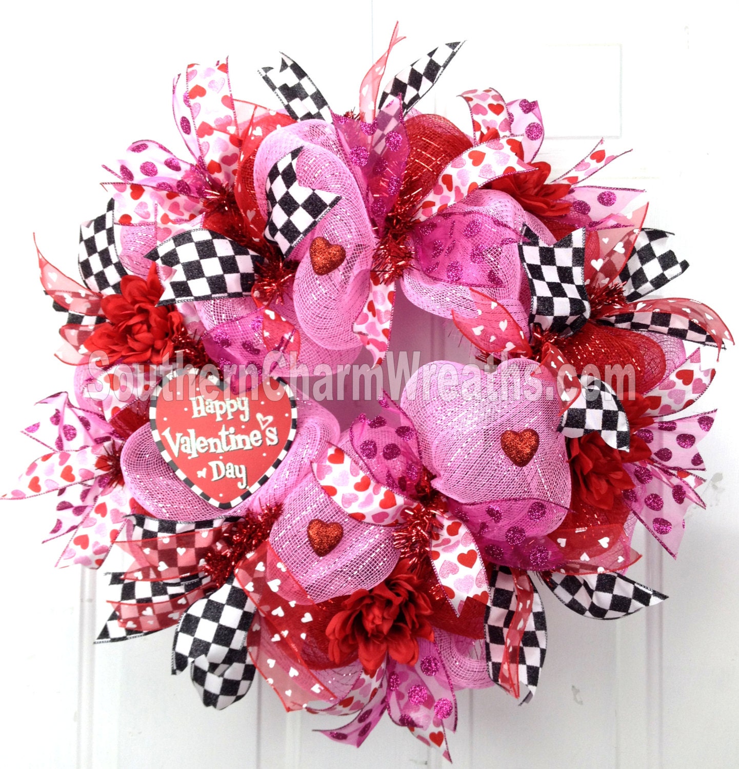 FuNkY Deco Mesh HAPPY VALENTINE Wreath Pink Red Black Checked Heart Door Wreath