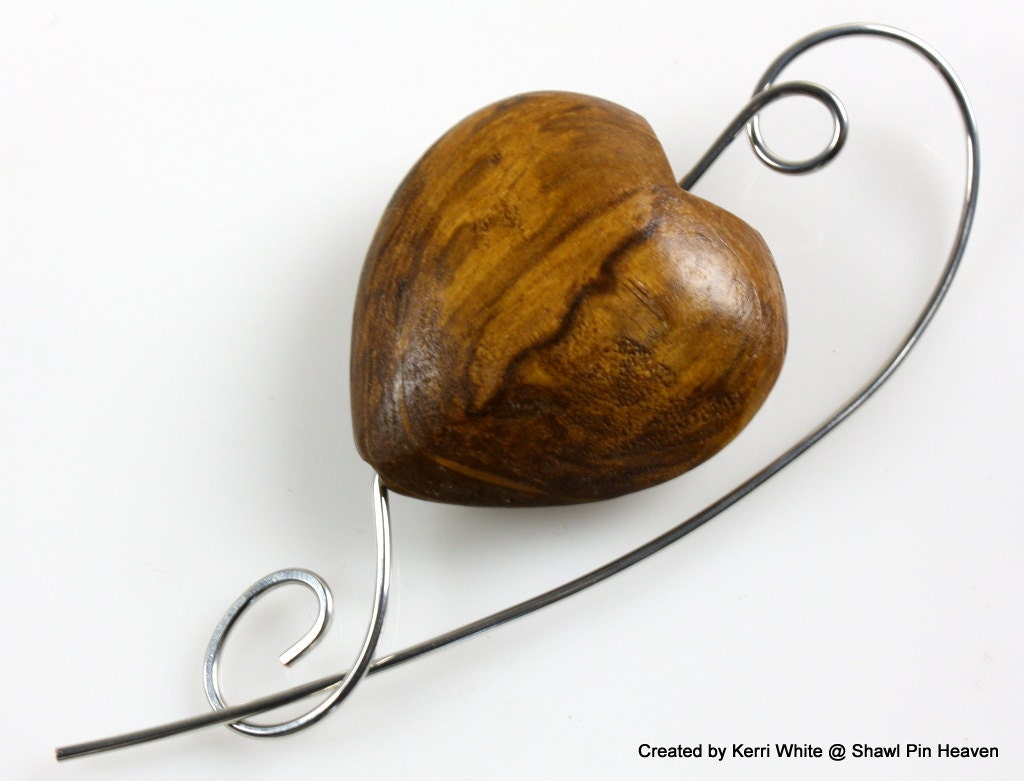 Shawl Pin, Scarf Pin, Brooch - Carved Wooden Heart