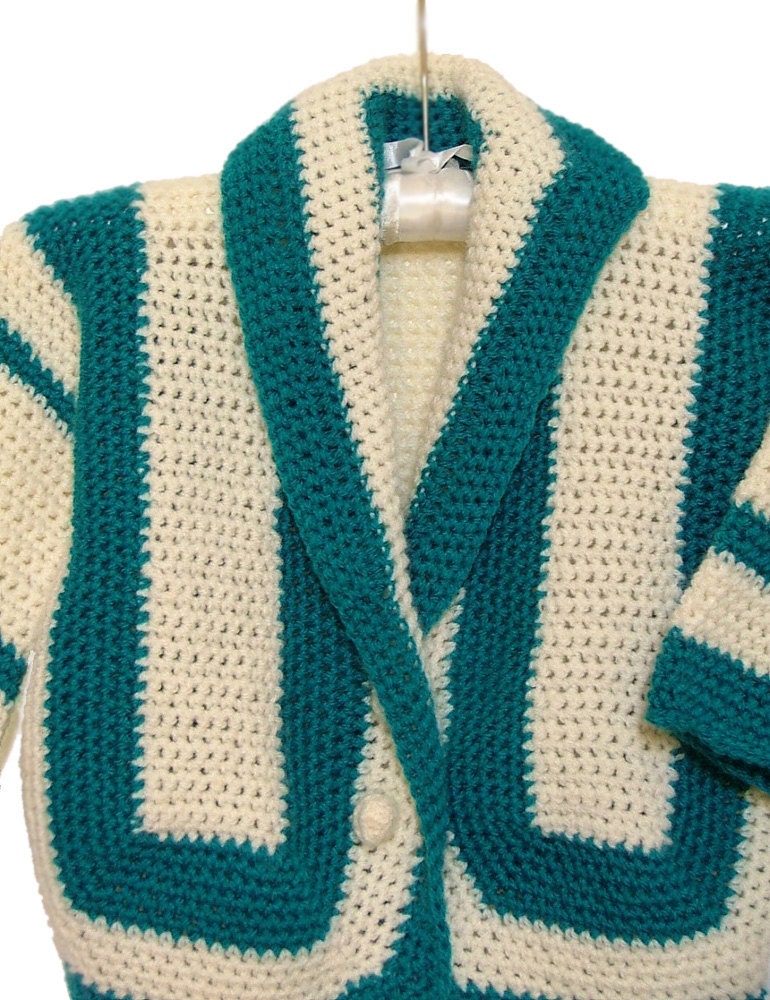 Baby Boy Sailor Sweater, Crochet Cardigan Striped Teal Blue and Ivory