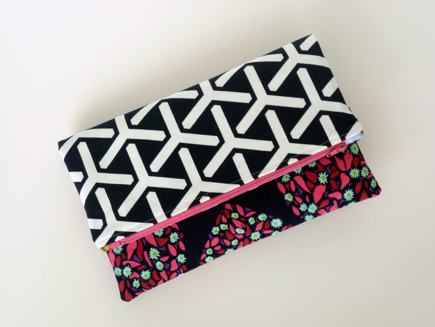 Foldover Clutch with Zipper Closure in Navy Blooms