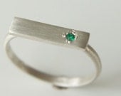 Sterling Silver Bar Ring with Colombian Emerald - modern band with brushed finish