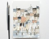 original watercolor painting of a harbor town