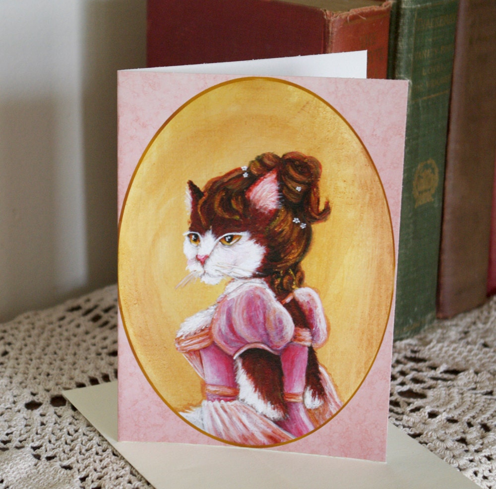 Regency Cat Card, Lizzy Bennet Cat Dressed for Netherfield Ball Greeting Card