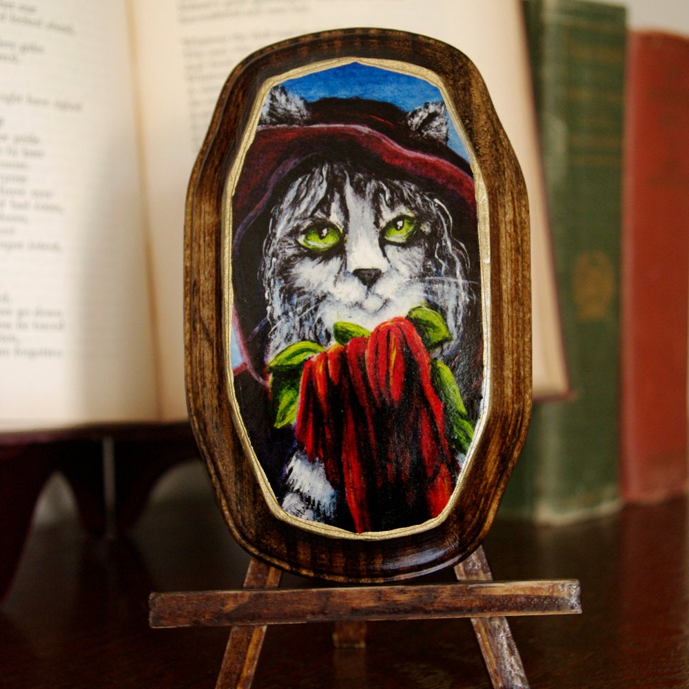 Goth Grey Cat Plaque, Silver Tabby Cat in Purple Cloak, Witch Cat, Amaranthus Flowers