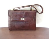 Vintage 1960s Faux Alligator Patent Leather Brown Purse