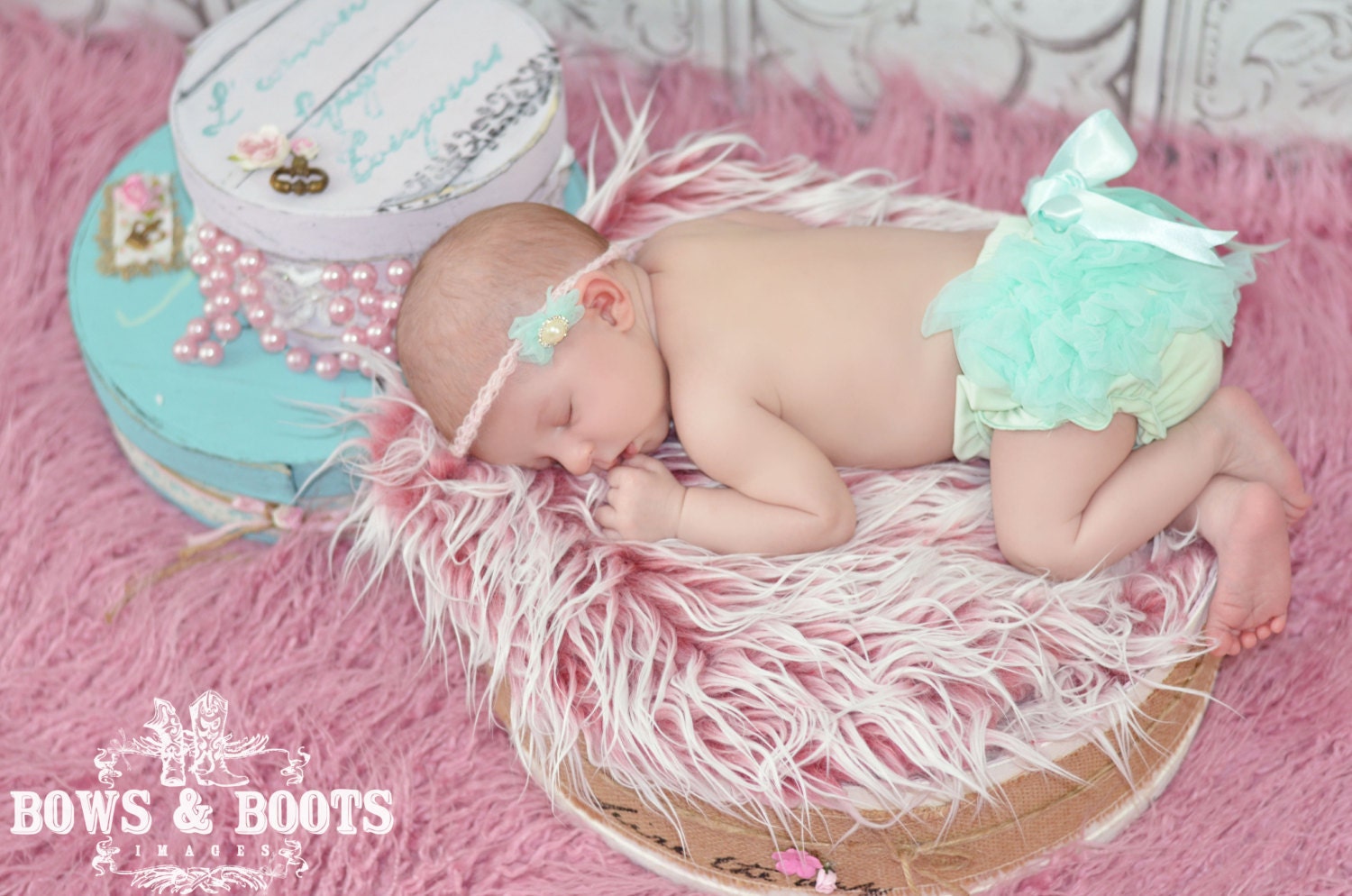 Mint Chiffon Diaper Cover Photography Prop with Matching Headband in 0-3 Months Size - Newborn Photo Props, Diaper Cover, Baby Props