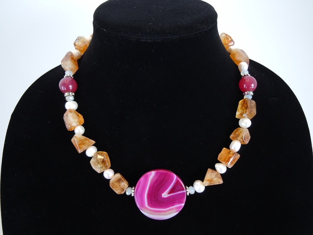 Citrine and Freshwater Pearl Necklace by Debbie Renee, Large Fuchsia Agate Pendant, Stone and Pearl Necklace