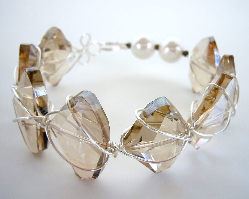Wire Wrapped Crystal and Pearl Bangle Bracelet by Debbie Renee, Champagne Crystal with Silver Plated Wire