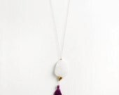 Druzy Lace Agate Quartz Geode Necklace with Brass Details and Vibrant Purple Tassel