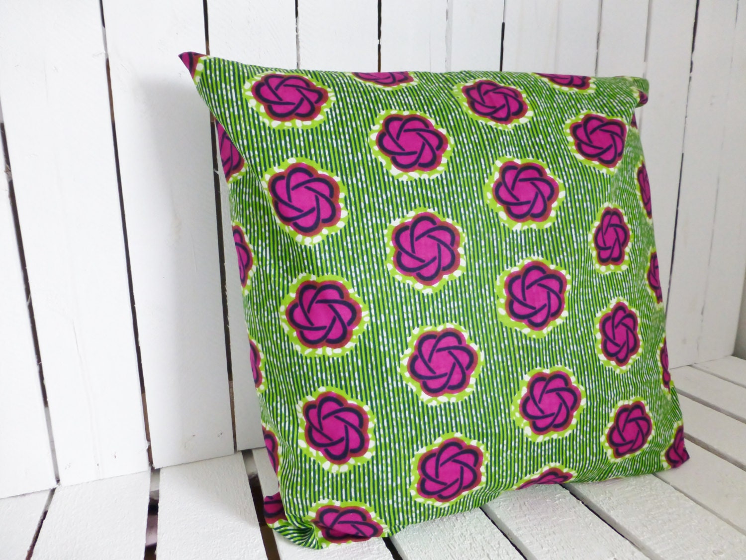 Cushion pillow, African wax print bright Green, Pink flowers (17 inch)