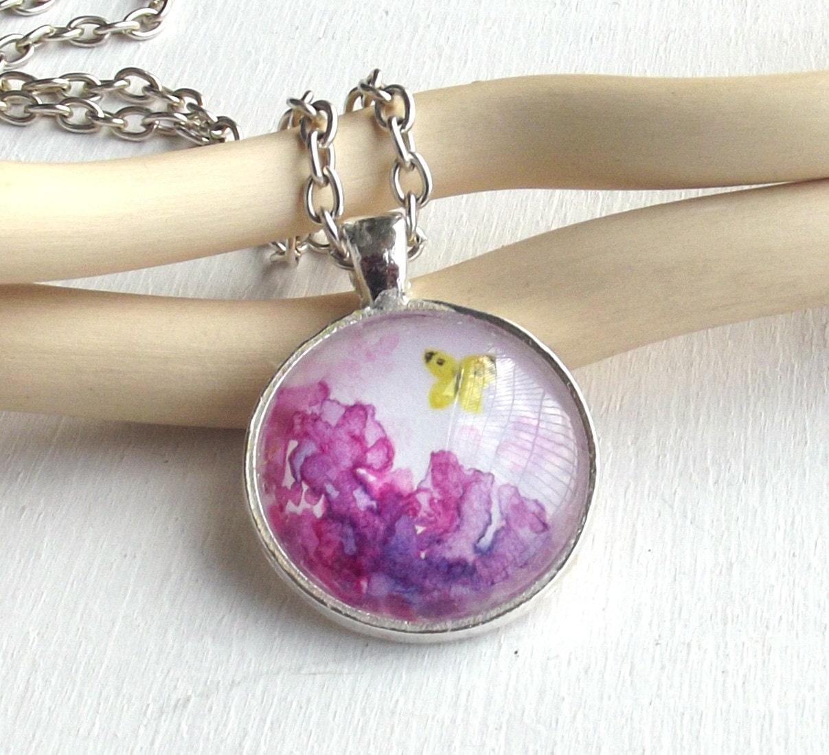Pink hydrangea and butterfly, art pendant - watercolor - - not a print, necklace, silver plated