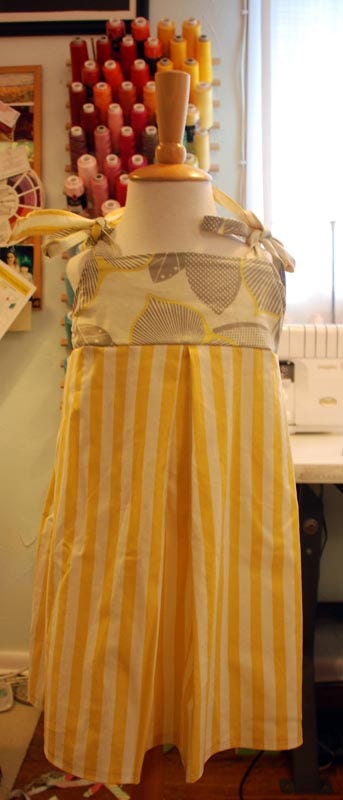 2T summer dress - amy butler grey floral print with yellow striped bottom