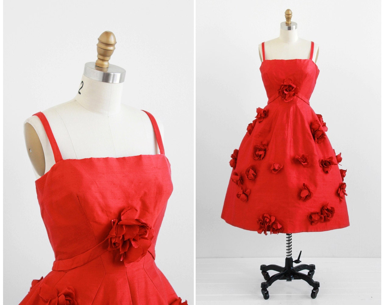 vintage 1950s dress / 50s dress / Red Roses Queen of Hearts Bombshell Party Dress