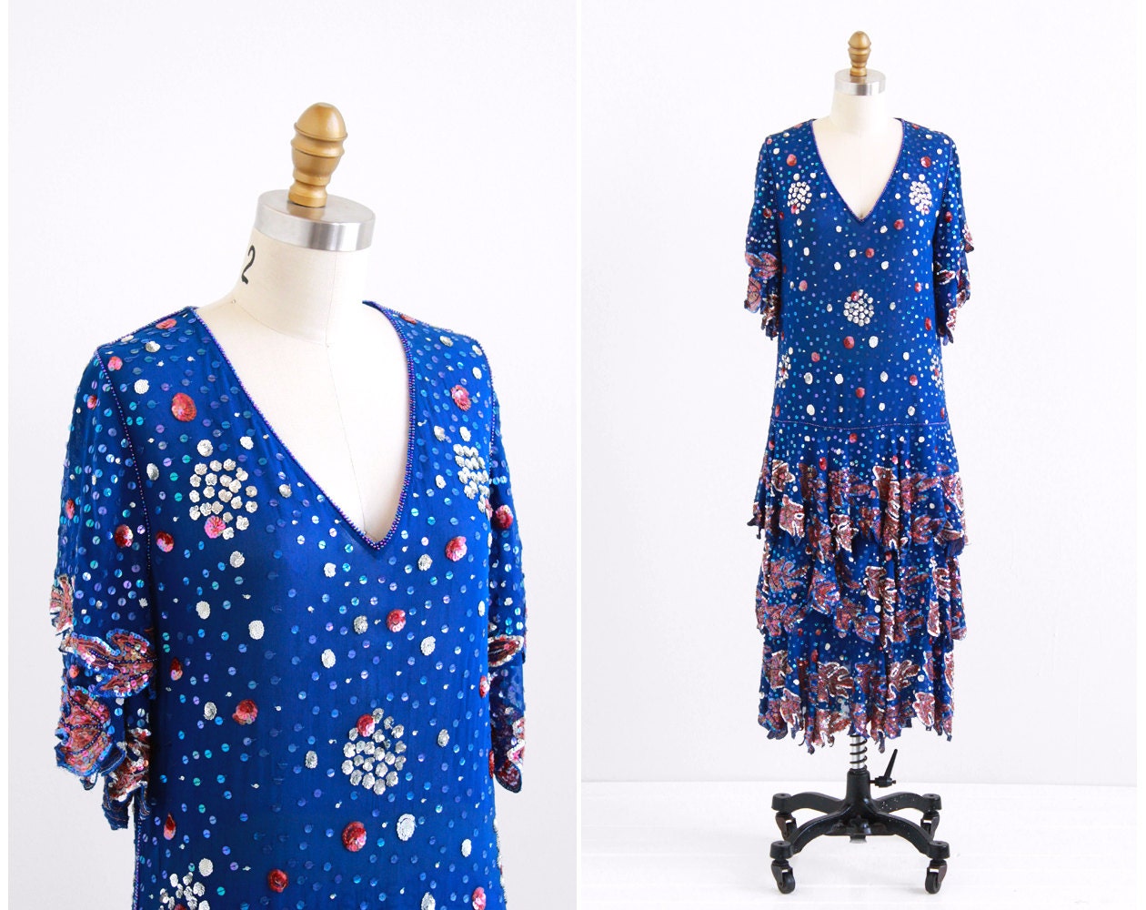 vintage flapper dress / Great Gatsby dress / Blue and Pink Sequin 1920s Style Dress