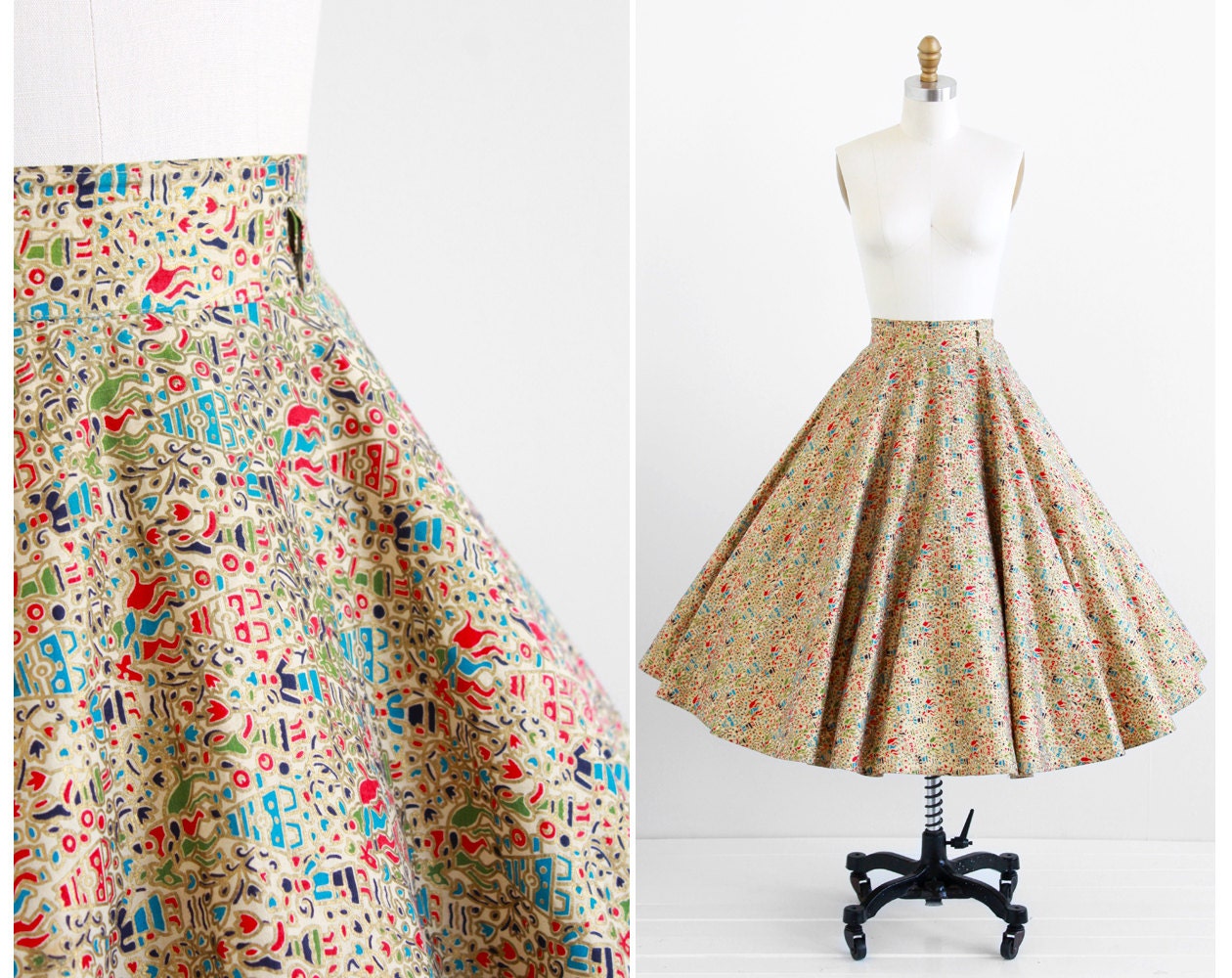 vintage 1950s skirt / 50s circle skirt / Gold and Red Donkeys Novelty Print Circle Skirt