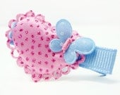 Sparkly dots heart with butterfly hair clip - no slip clip (pink-blue)