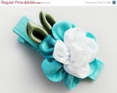 HAIR CLIP SALE... Akakia / Aqua and white cabbage rose  hair clip - no slip grip