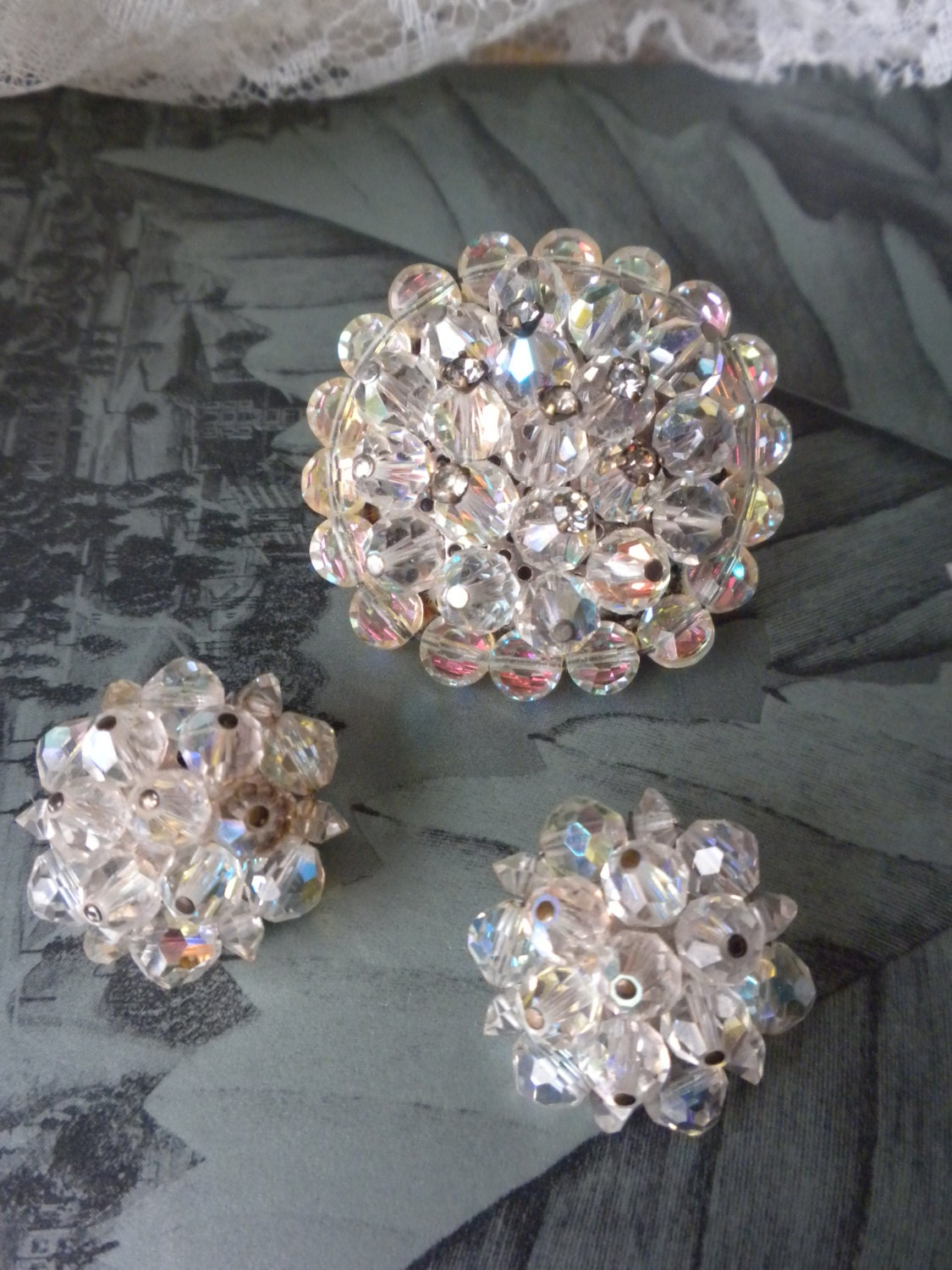 Laguna brooch earring set, vintage designer jewelry, aurora borealis