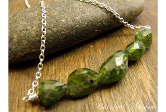 In the Forest Necklace / Faceted Moss Green Garnet Nuggets, Sterling Silver, Rustic Jewelry, Natural