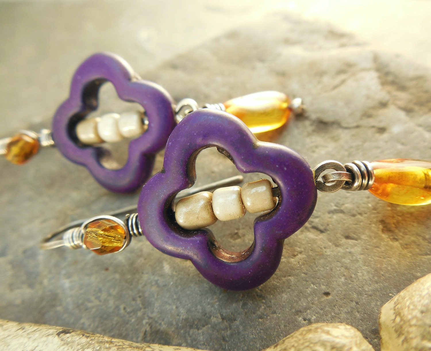 Southwest Moroccan Earrings in Violet and Amber with Sterling Silver