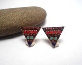 Earrings, Studs, Tribal, Red, Blue, Post, Mosaic, Triangle