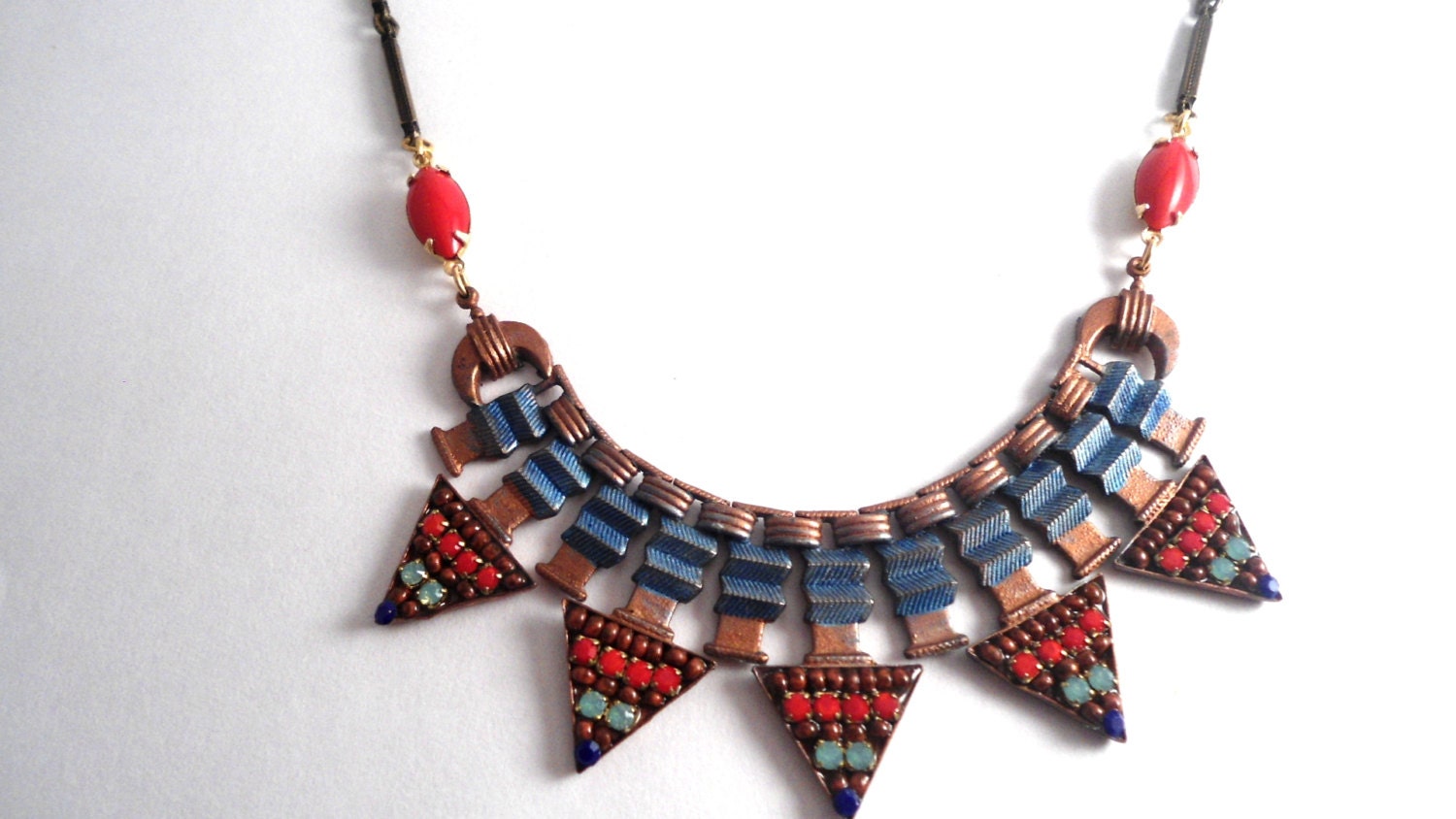 Necklace, Tribal, Bib, Beadwork, Global, Geometric, Blue, Red