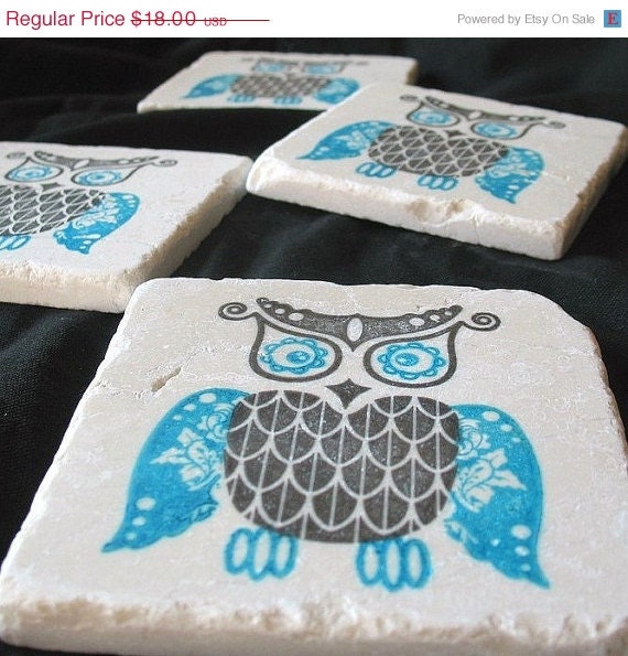 ON SALE Bold Owl Tile Coasters, Azure Blue and Black, Set of 4, Ready to Ship