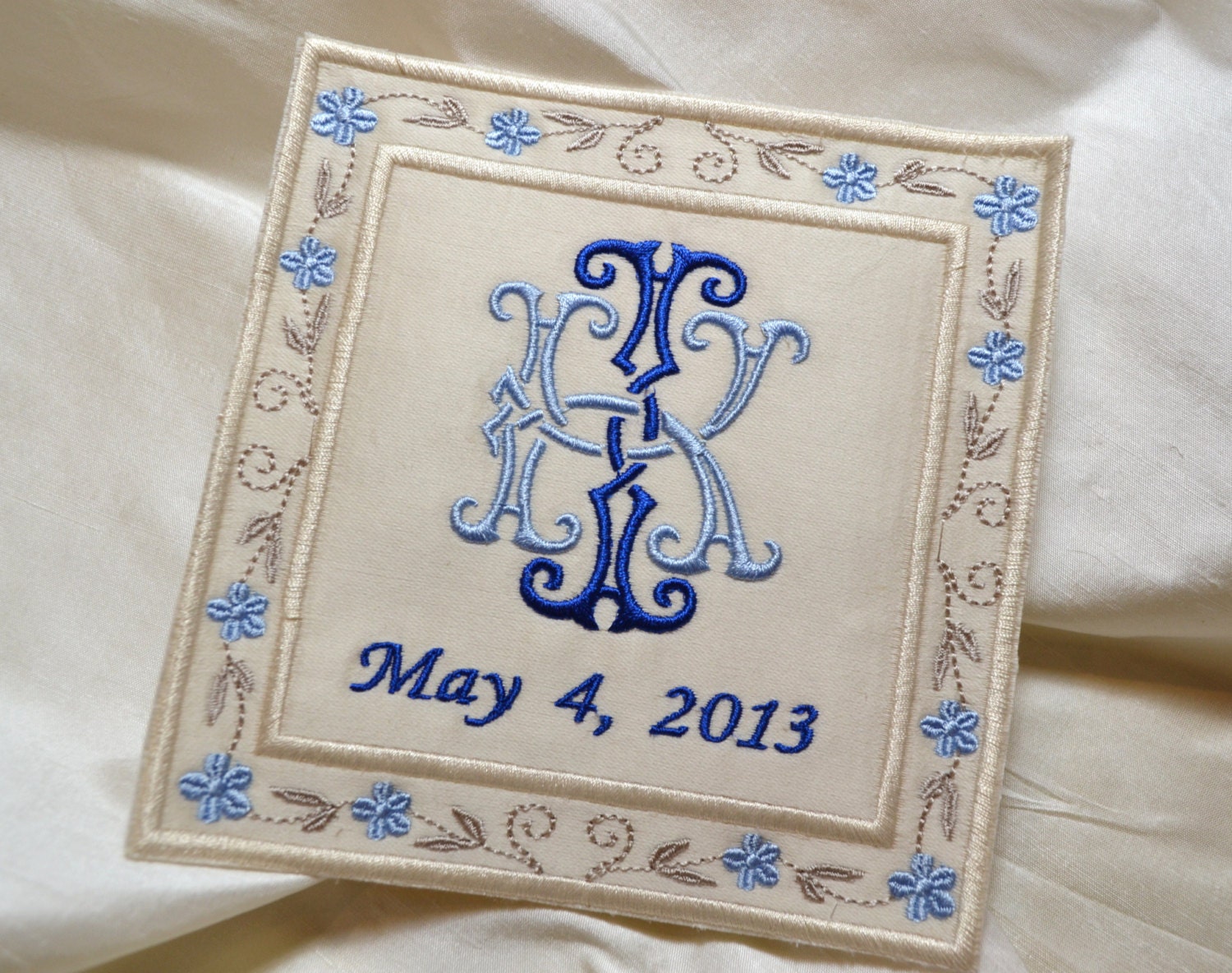 SOMETHING BLUE Custom Embroidered Wedding Dress Label French Silk Satin, Navy Blue, Champagne, Cream and Light Blue