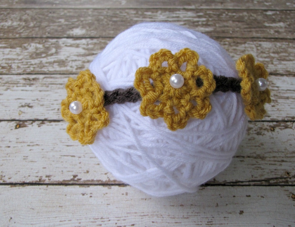 Flower Headband, Crochet Halo, Mustard and Graphite Black