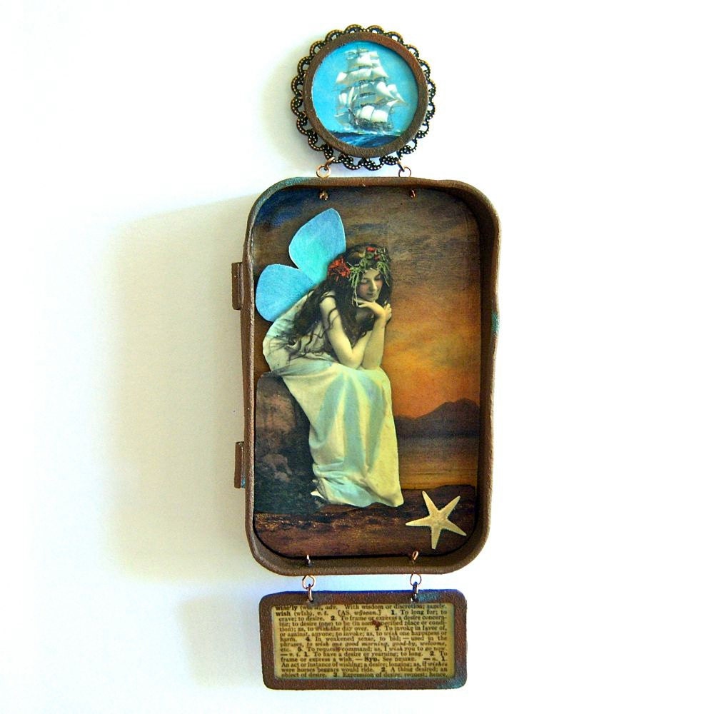 Mixed media Altoid tin hanging shadow box fairy assemblage shrine - When Your Ship Comes In