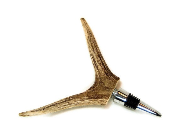 Elk Antler Tine Wine Bottle Stopper, Corkscrew Inside