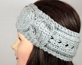 Hand Knit Cabled Headband With Bow in Gray Organic Cotton Wool Blend
