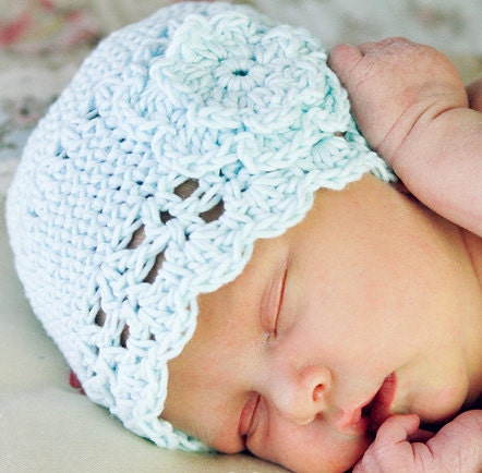 Organic Cotton Baby Beanie Hat with Flower in Ice Blue, Sizes 0 to 6 Months, Choose Size and Color